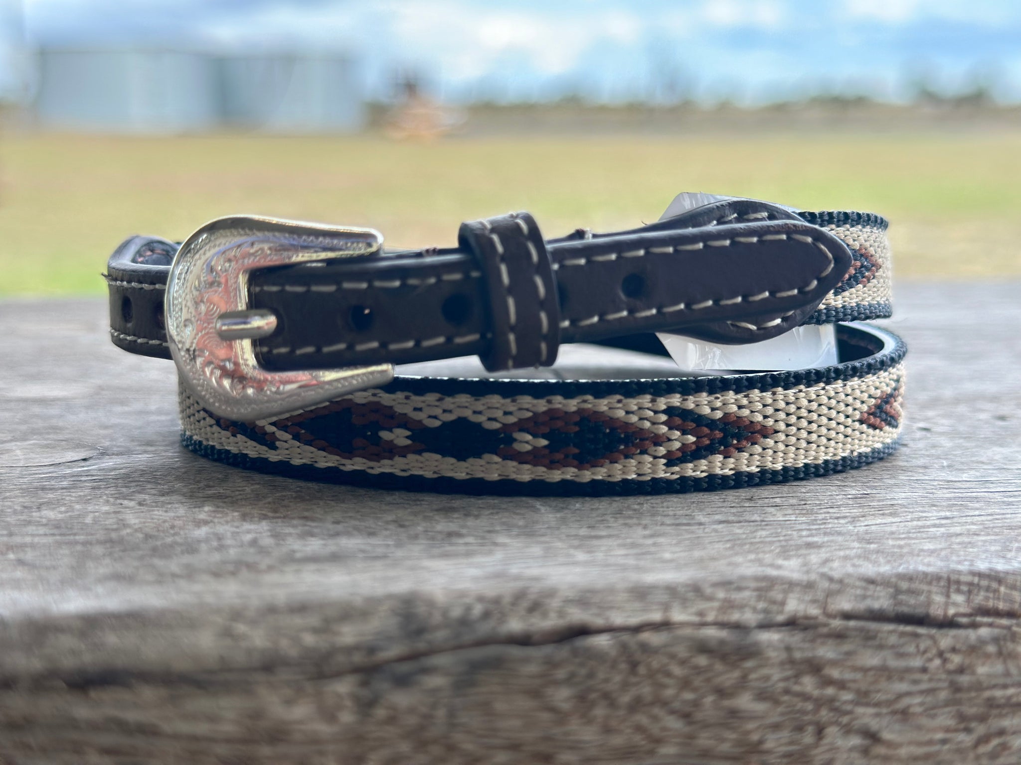 BROWN LEATHER AND AZTEC WEBBING CROWN BAND