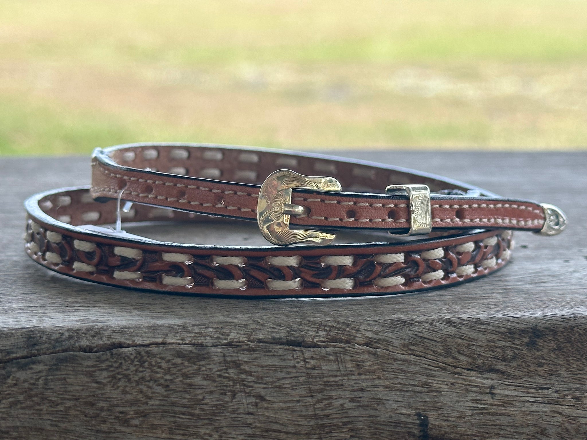 EMBOSSED LIGHT BROWN LEATHER CROWN BAND