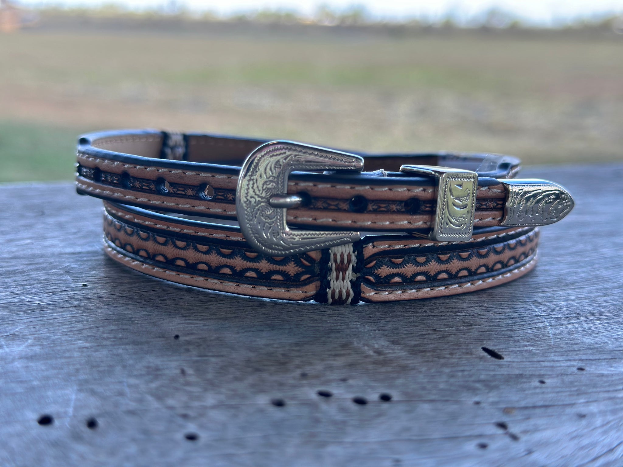 TAN AND BROWN CROSSHATCH LEATHER CROWN BAND