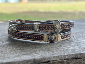 TAN AND BROWN CROWN BAND WITH CONCHOS AND PLAITING