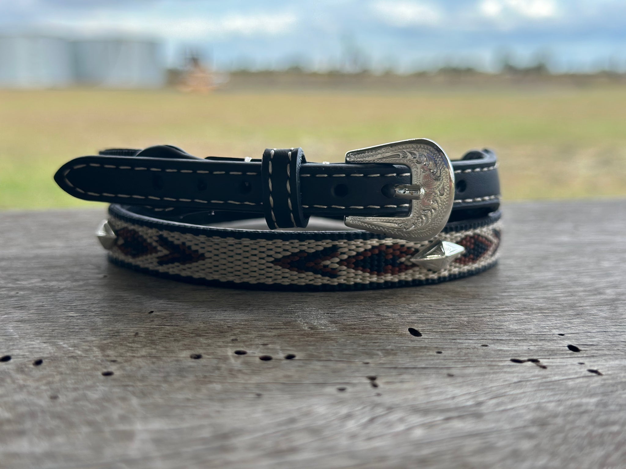 BLACK LEATHER AND AZTEC WEBBING CROWN BAND