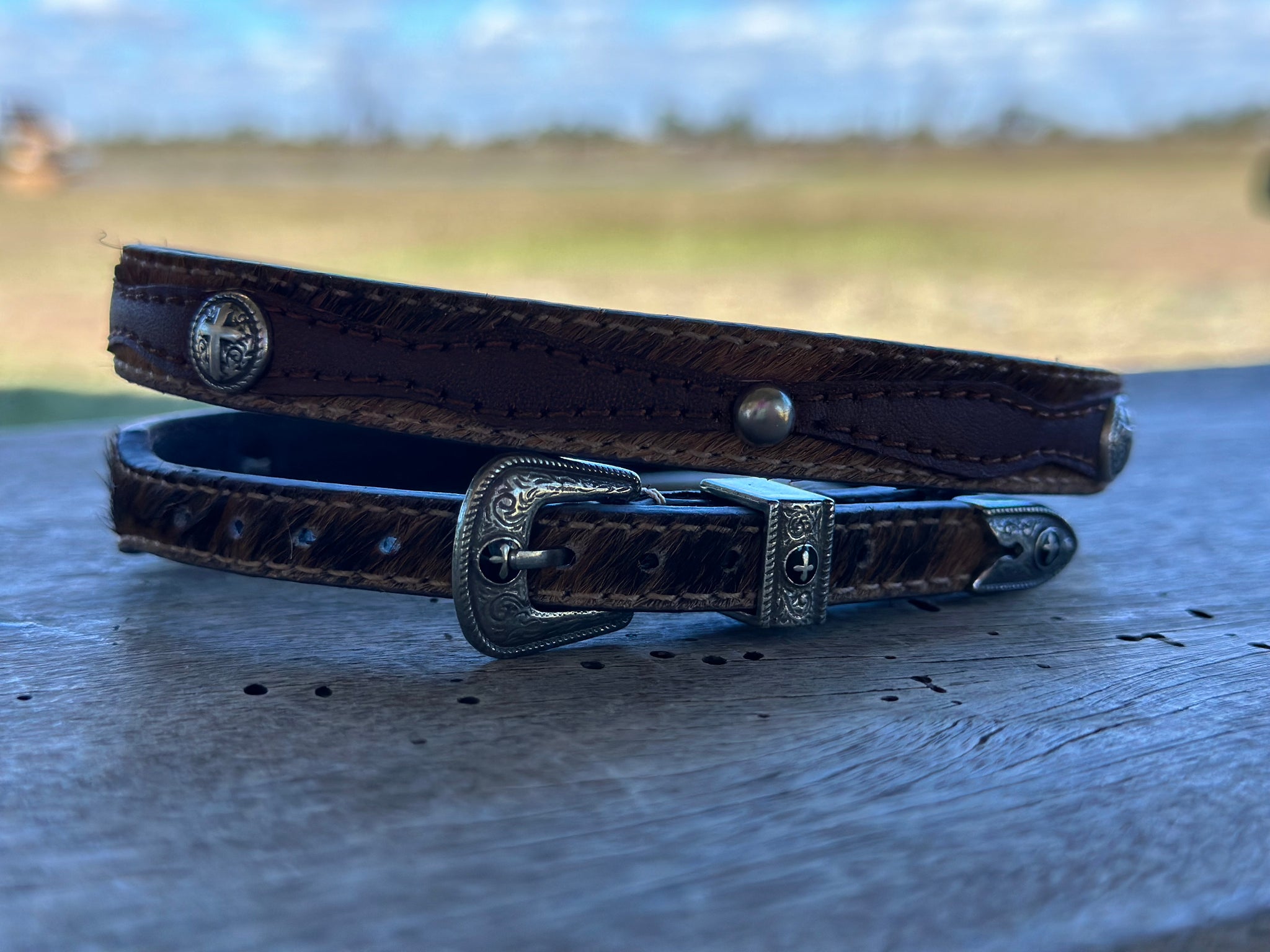 Light brown hide on with dark brown overlay and Cross conchos