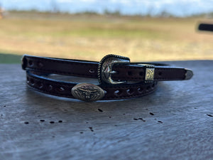 Dark brown leather crown band with bullet head Conchos