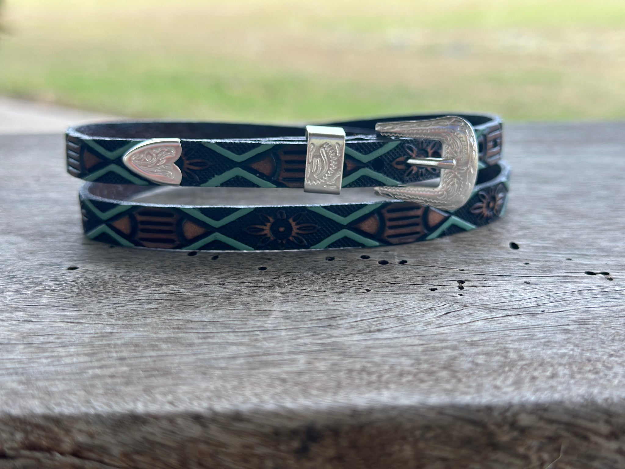 BROWN AND TURQUOISE EMBOSSED FLOWER CROWN BAND