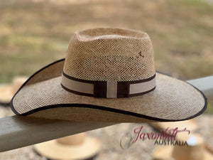 Jaxonbilt_Hats_are_Australian_made_palm_leaf_hats_and_crossbred_hats_for_cowgirls_and_cowboys_with_wide_brims_for_sun_protection_5”_brim_trim_on_edge_wide_crown_band_box_top_shape_dark_oak_brim_dark_oak_crown_5”_brim