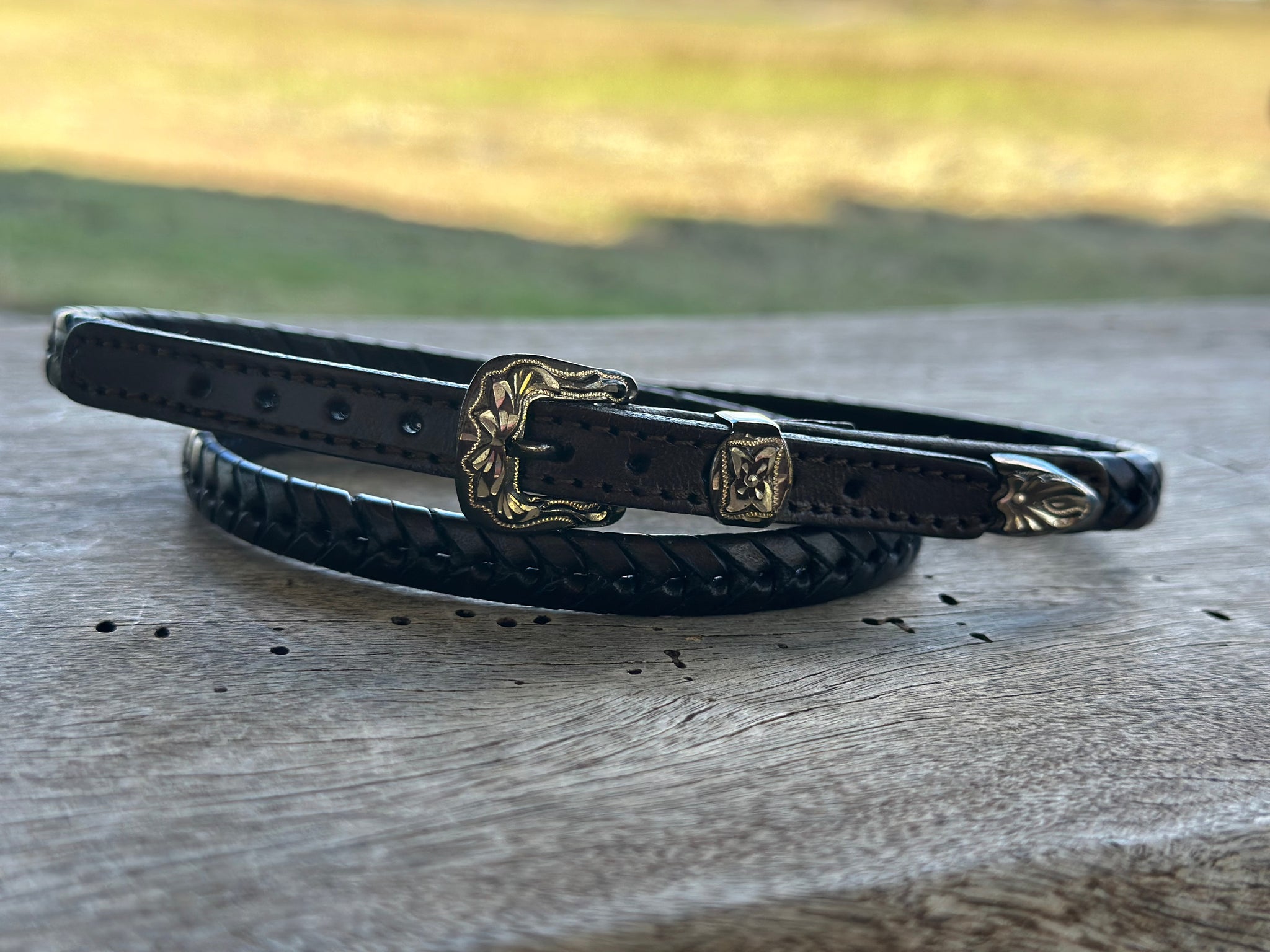 DARK BROWN SNAKE PLAIT CROWN BAND WITH FANCY BUCKLE SET