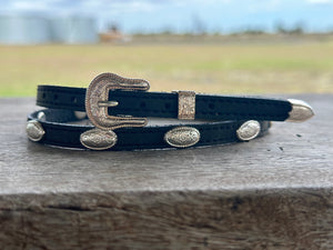 BLACK LEATHER CROWN BAND WITH SILVER OVAL CONCHOS