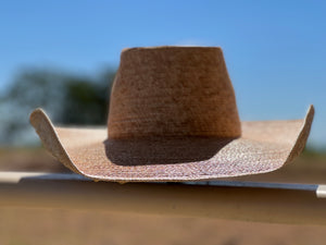 Jaxonbilt_Hats_are_Australian_made_palm_leaf_hats_and_crossbred_hats_for_cowgirls_and_cowboys_with_wide_brims_for_sun_protection_5”_brim_trim_on_edge_wide_crown_band_standard_up_at_the_back_brim_shape_dark_oak_5”_brim